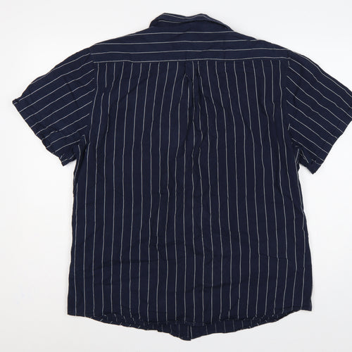 Larsson & Co Men Blue XL Striped Cotton Short Sleeve Button-Up Shirt