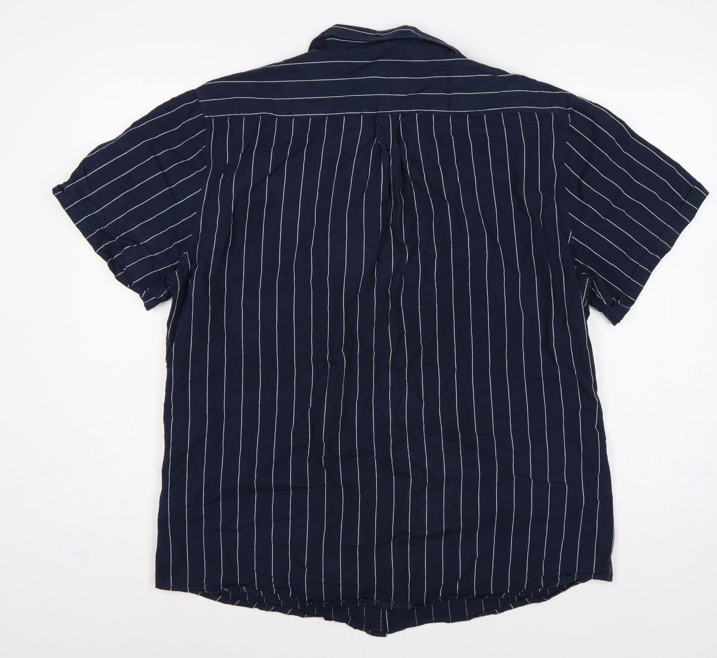 Larsson & Co Men Blue XL Striped Cotton Short Sleeve Button-Up Shirt