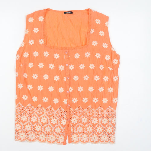 Roman Women Orange Size 12 Floral Embroidered Cotton Sleeveless Blouse