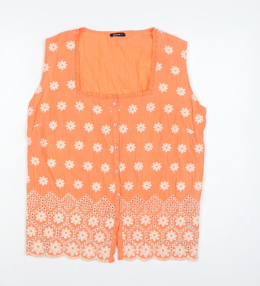 Roman Women Orange Size 12 Floral Embroidered Cotton Sleeveless Blouse