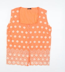 Roman Women Orange Size 12 Floral Embroidered Cotton Sleeveless Blouse
