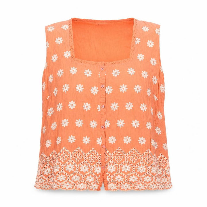 Roman Women Orange Size 12 Floral Embroidered Cotton Sleeveless Blouse