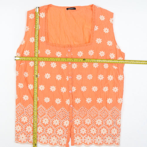 Roman Women Orange Size 12 Floral Embroidered Cotton Sleeveless Blouse