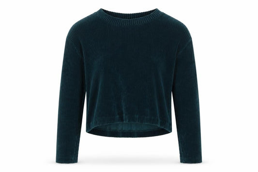 Front view of Weekday Women Green L Cropped Velvet Ribbed Long Sleeve Top