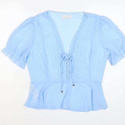 Quiz Women Blue UK 14 Polka Dot Ruffle Tie V-Neck Chiffon Blouse