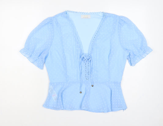 Quiz Women Blue UK 14 Polka Dot Ruffle Tie V-Neck Chiffon Blouse