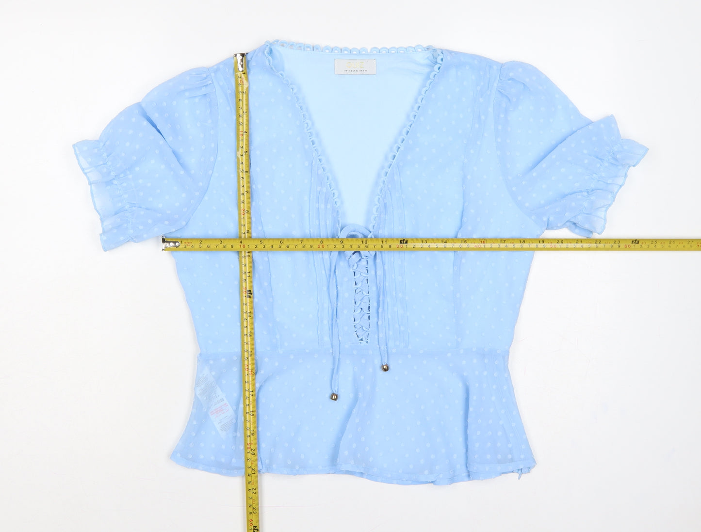 Quiz Women Blue UK 14 Polka Dot Ruffle Tie V-Neck Chiffon Blouse
