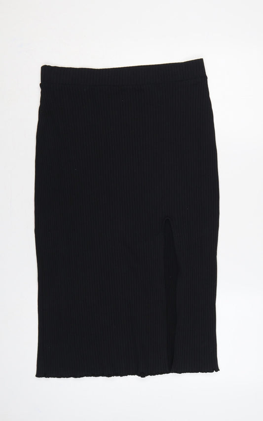 & Other Stories Women Black M Ribbed Knit Midi Pencil Skirt Slit