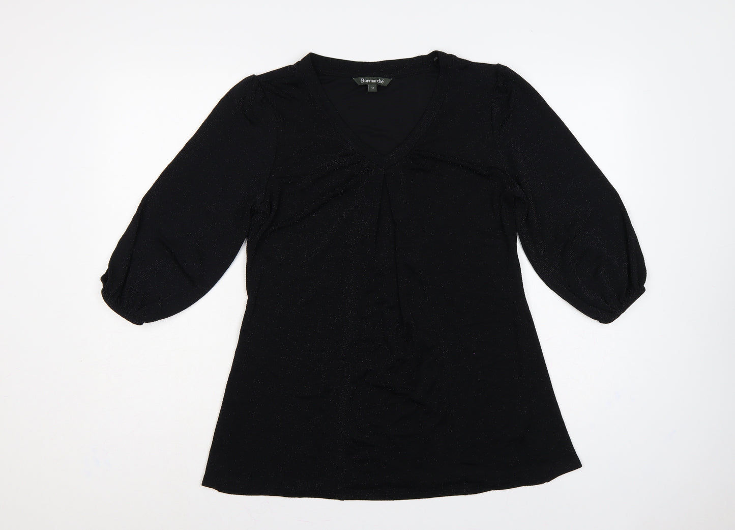 Bonmarché Women’s Black Glitter V-Neck Balloon Sleeve Blouse Size 12
