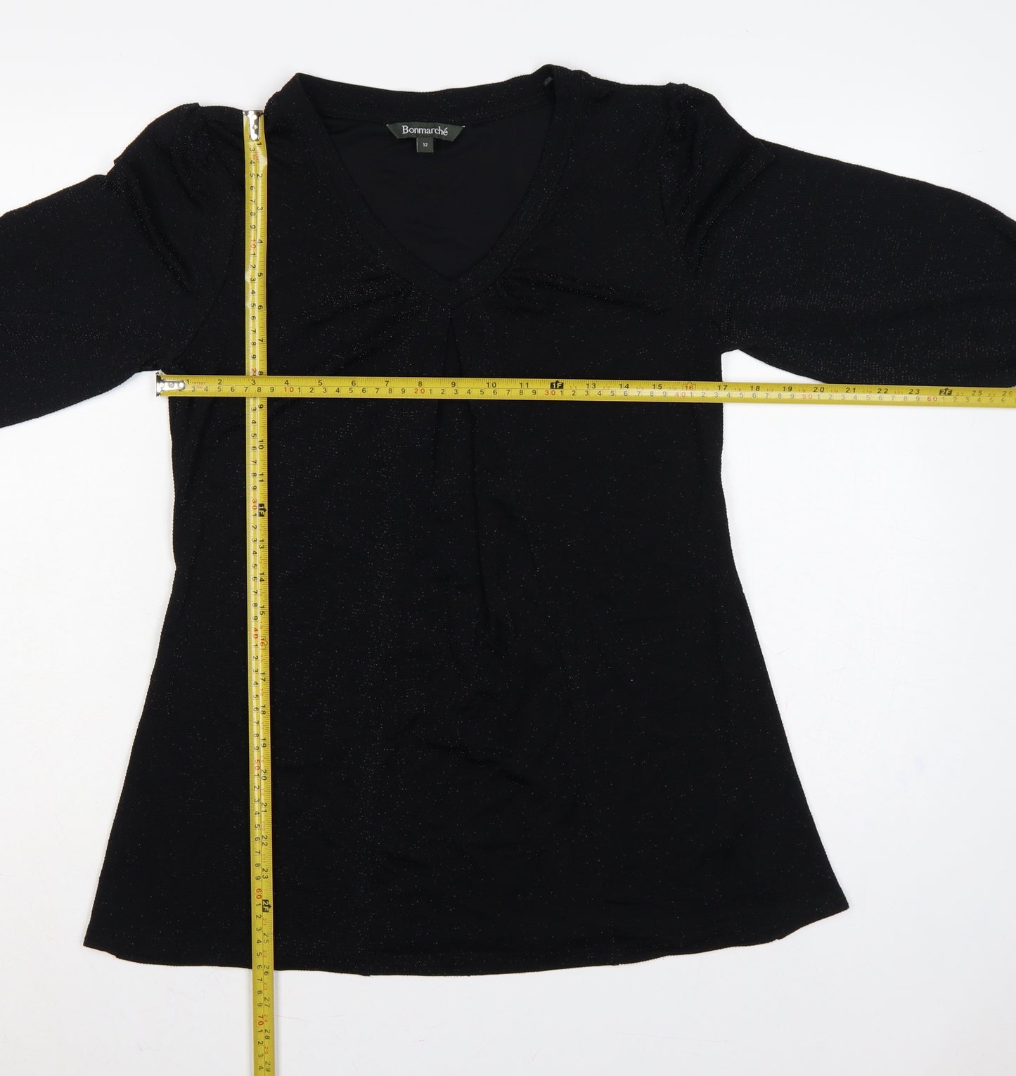 Bonmarché Women’s Black Glitter V-Neck Balloon Sleeve Blouse Size 12
