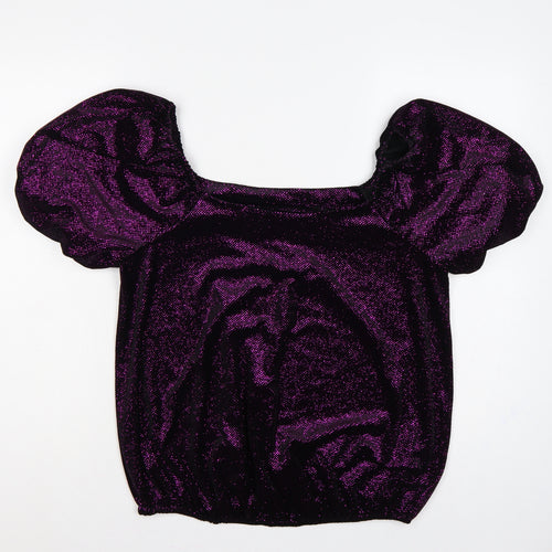 M&Co Women's Purple UK 14 Glitter Puff Sleeve Square Neck Blouse