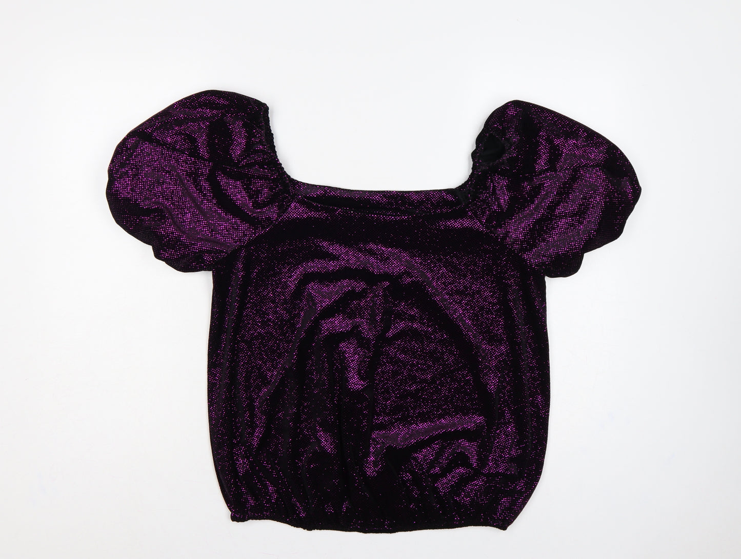 M&Co Women's Purple UK 14 Glitter Puff Sleeve Square Neck Blouse