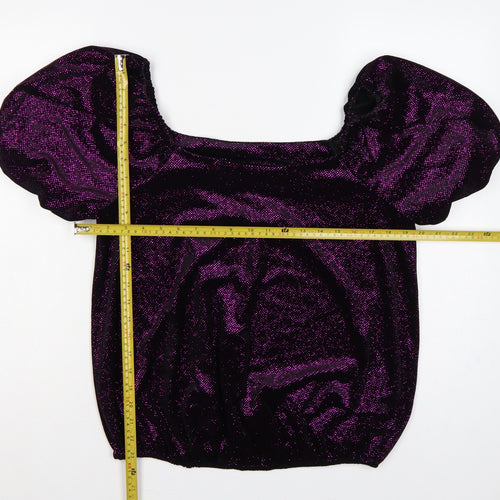 M&Co Women's Purple UK 14 Glitter Puff Sleeve Square Neck Blouse