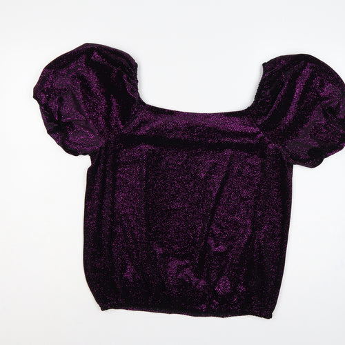 M&Co Women's Purple UK 14 Glitter Puff Sleeve Square Neck Blouse