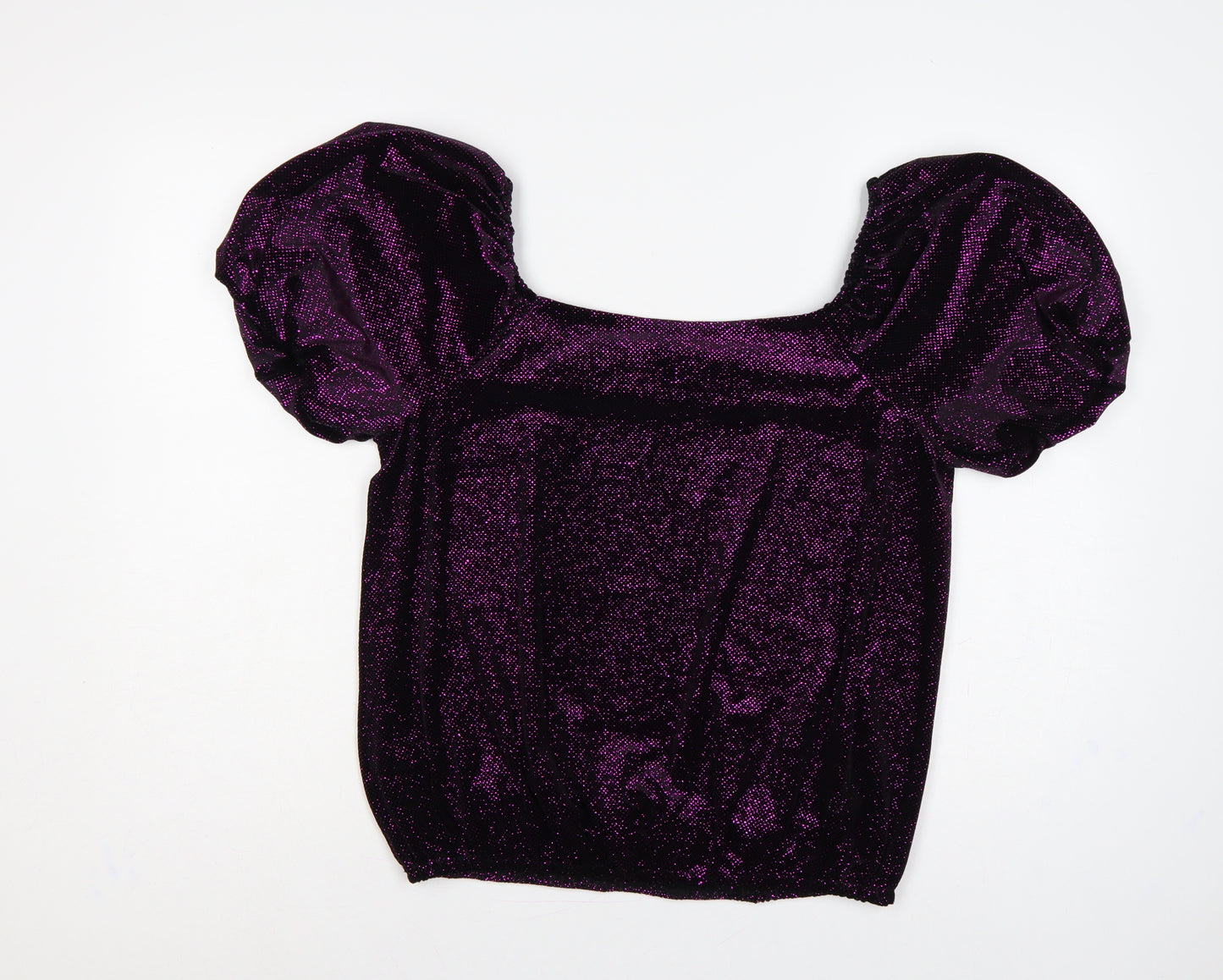 M&Co Women's Purple UK 14 Glitter Puff Sleeve Square Neck Blouse