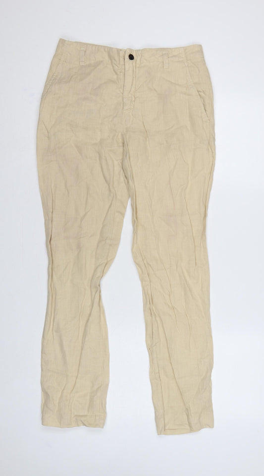Zara Women Beige Linen Straight Chino Trousers Size S