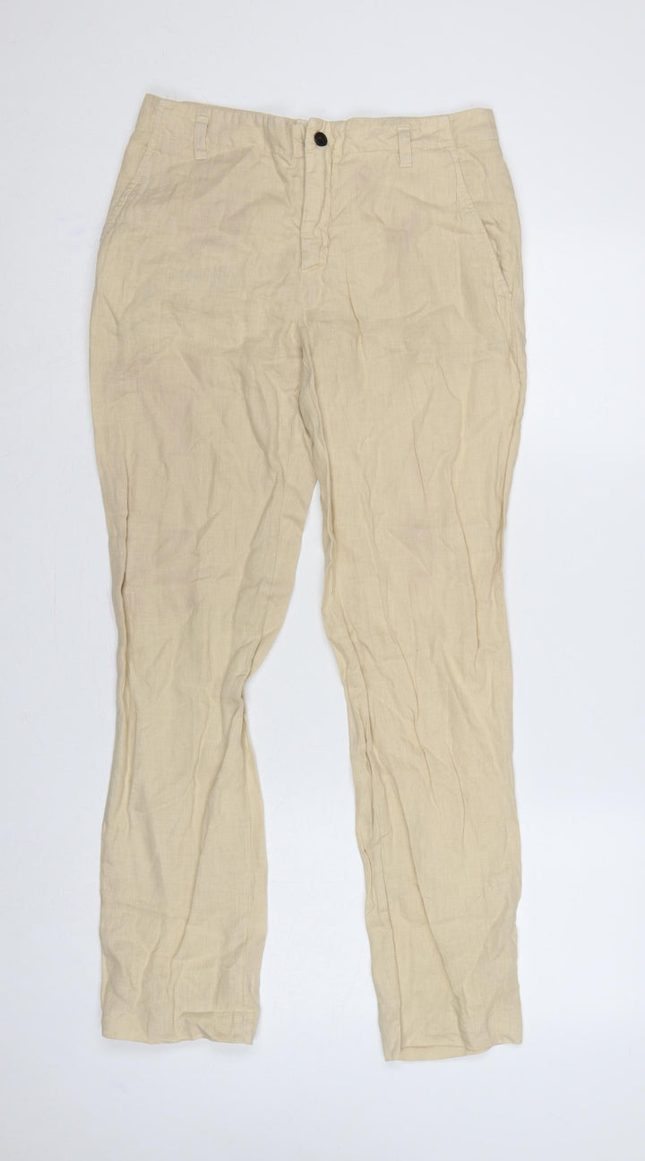 Zara Women Beige Linen Straight Chino Trousers Size S