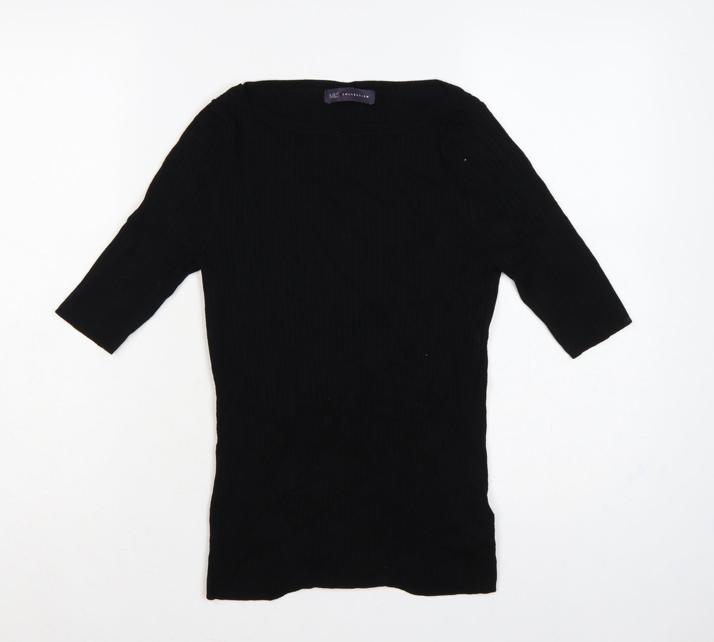 Marks and Spencer Women Black UK 10 Ribbed Knit 3/4 Sleeve Tunic Jumper