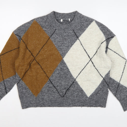 Marks & Spencer Women Grey Argyle Knit Jumper M Long Sleeve