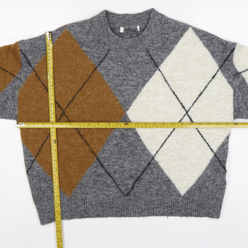 Marks & Spencer Women Grey Argyle Knit Jumper M Long Sleeve