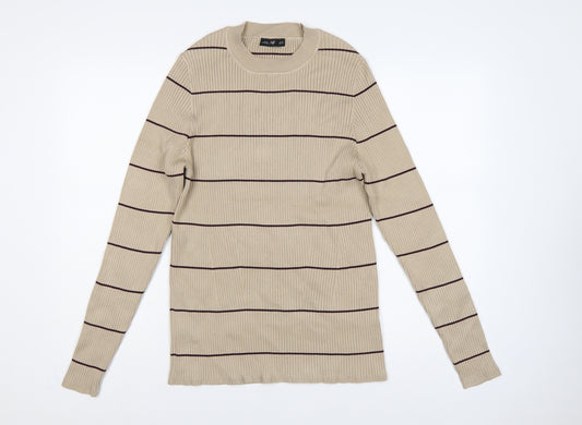 F&F Women’s Beige Brown Striped Rib Knit Mock Neck Jumper XL