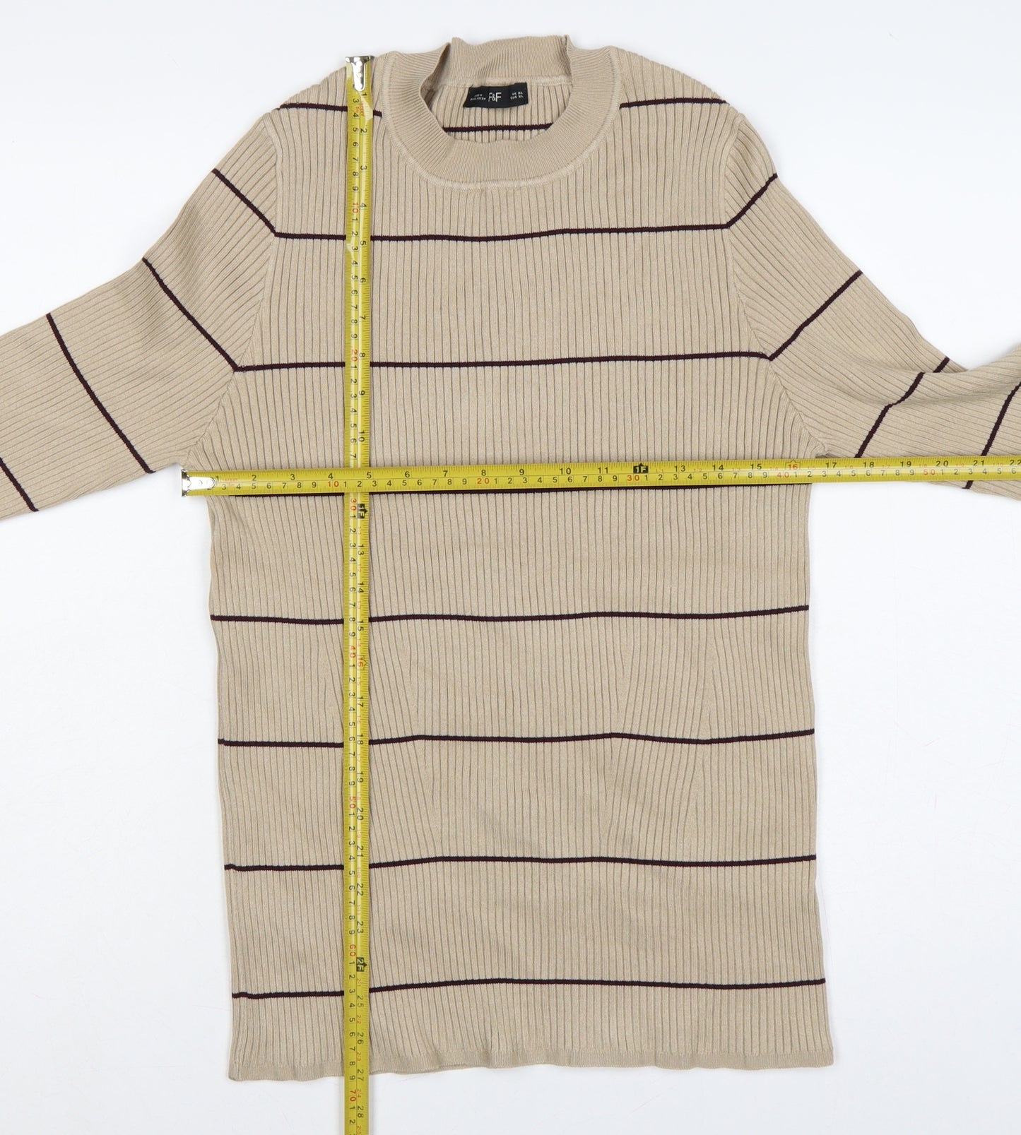 F&F Women’s Beige Brown Striped Rib Knit Mock Neck Jumper XL