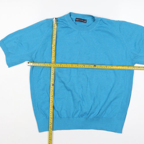 Marks and Spencer Women Blue UK 14 Cotton Short Sleeve Crew Neck Pullover