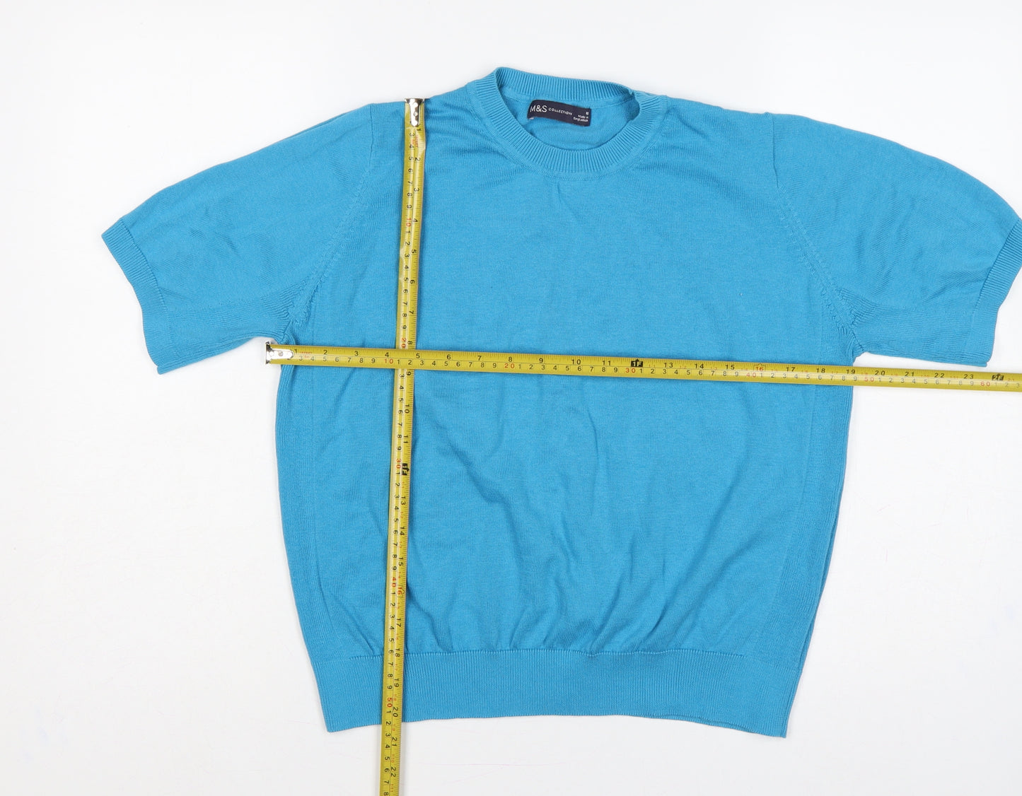 Marks and Spencer Women Blue UK 14 Cotton Short Sleeve Crew Neck Pullover