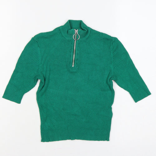Bershka Women Green XS Ribbed 1/2 Zip High Neck Jumper
