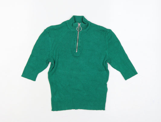 Bershka Women Green XS Ribbed 1/2 Zip High Neck Jumper