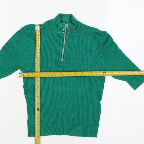 Bershka Women Green XS Ribbed 1/2 Zip High Neck Jumper