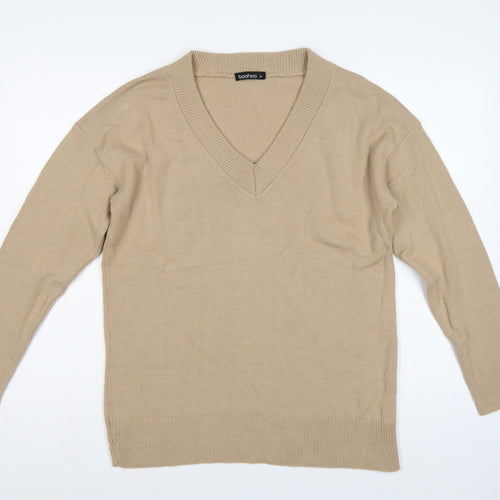 Boohoo Women Beige M V-Neck Long Sleeve Fine Knit Pullover Jumper