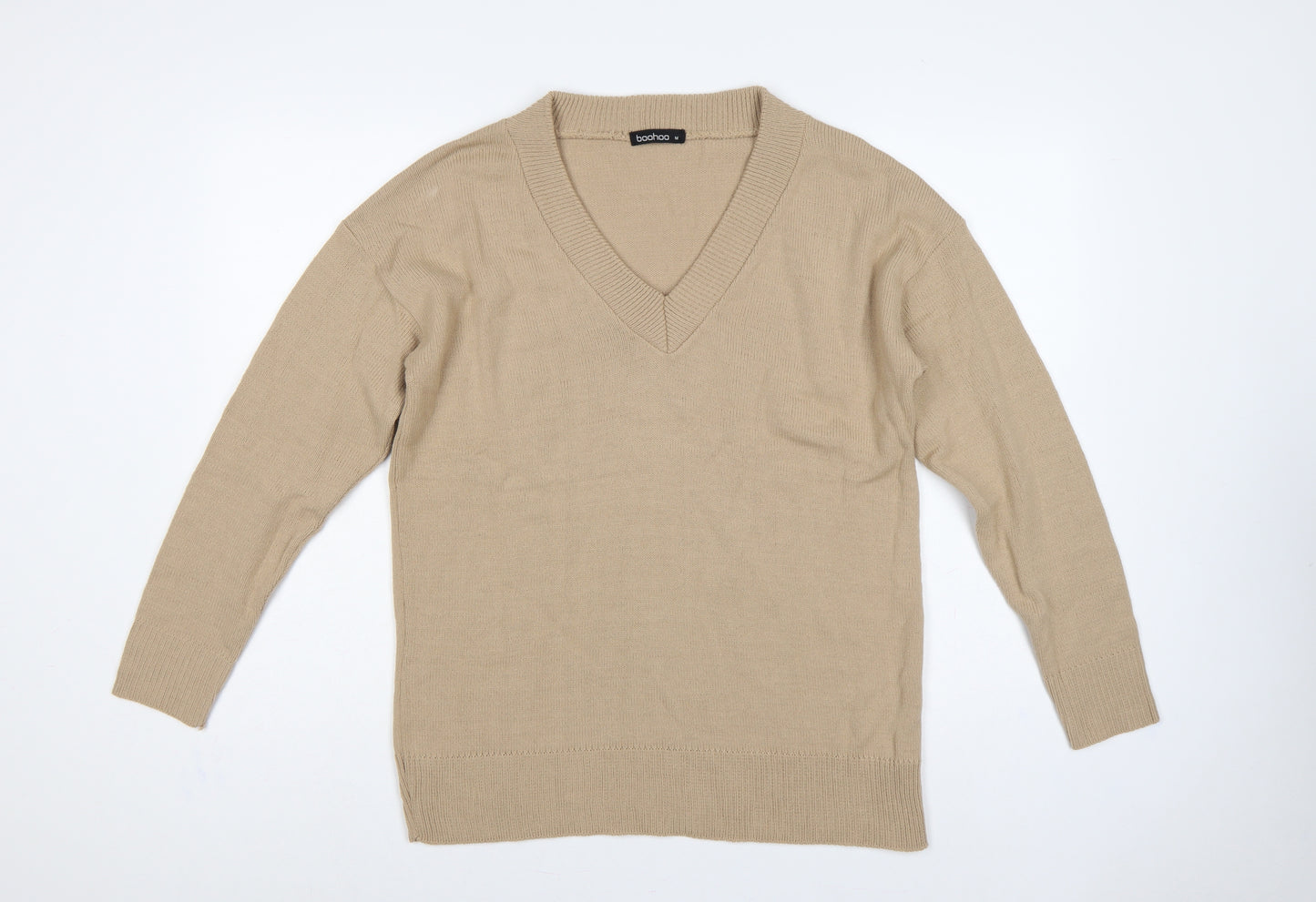Boohoo Women Beige M V-Neck Long Sleeve Fine Knit Pullover Jumper
