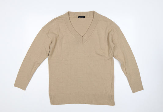 Boohoo Women Beige M V-Neck Long Sleeve Fine Knit Pullover Jumper