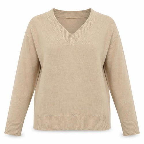 Boohoo Women Beige M V-Neck Long Sleeve Fine Knit Pullover Jumper