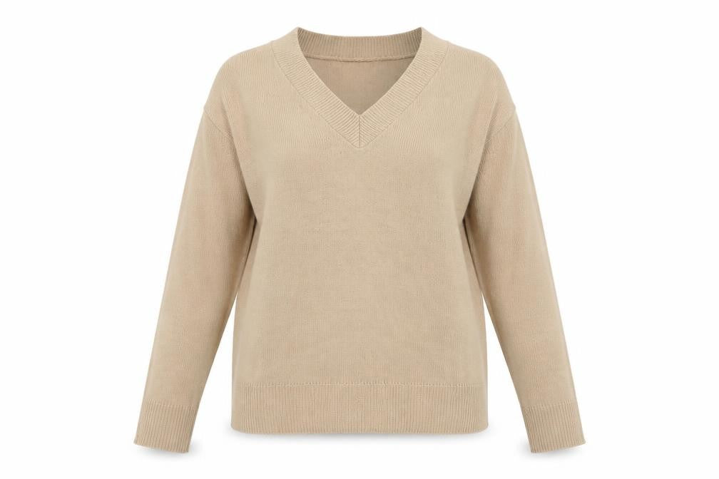Boohoo Women Beige M V-Neck Long Sleeve Fine Knit Pullover Jumper