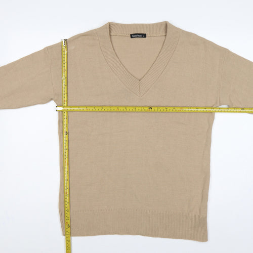 Boohoo Women Beige M V-Neck Long Sleeve Fine Knit Pullover Jumper