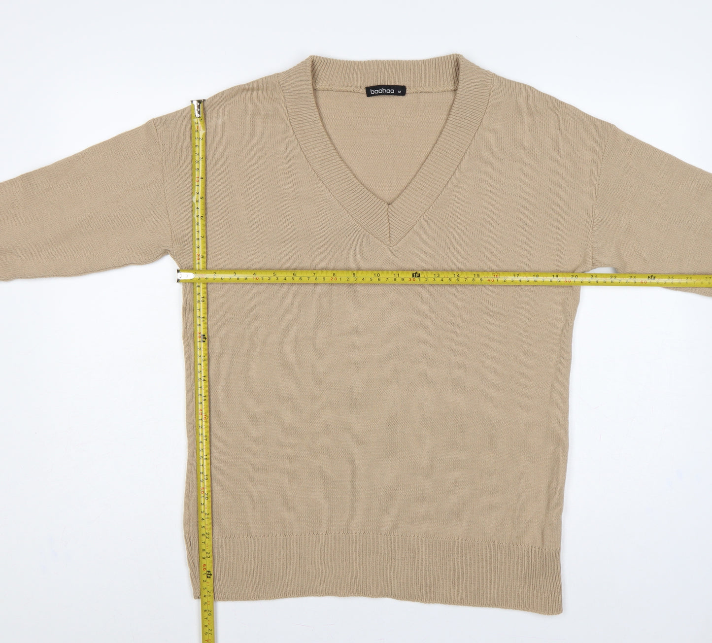 Boohoo Women Beige M V-Neck Long Sleeve Fine Knit Pullover Jumper