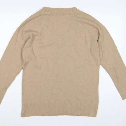 Boohoo Women Beige M V-Neck Long Sleeve Fine Knit Pullover Jumper
