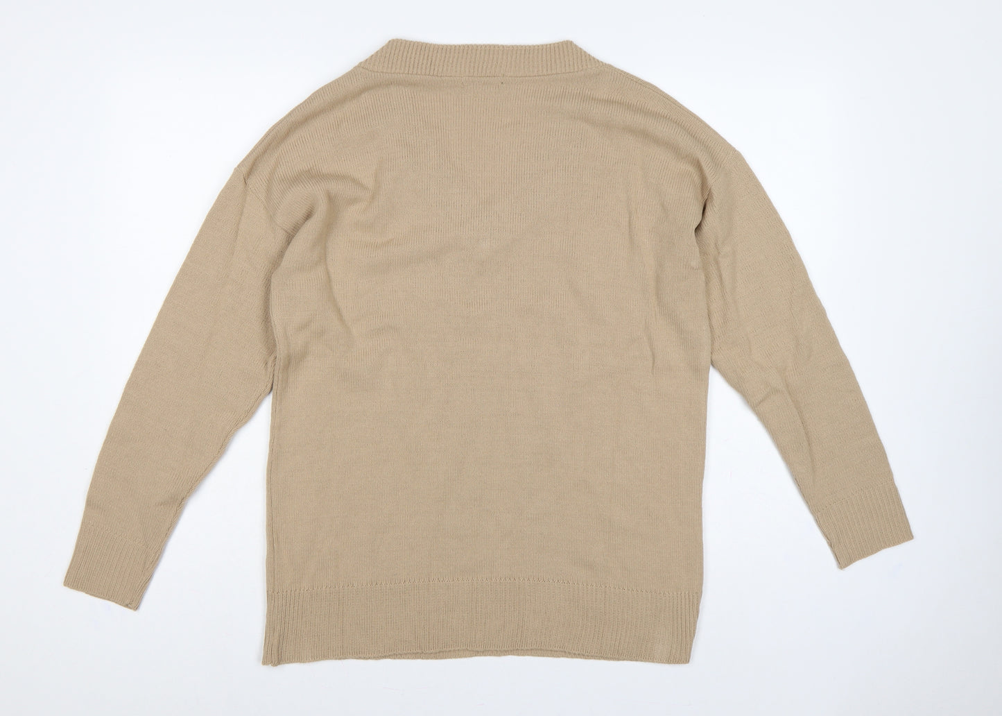 Boohoo Women Beige M V-Neck Long Sleeve Fine Knit Pullover Jumper
