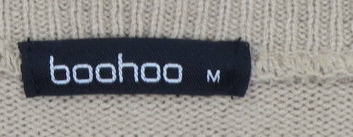 Boohoo Women Beige M V-Neck Long Sleeve Fine Knit Pullover Jumper