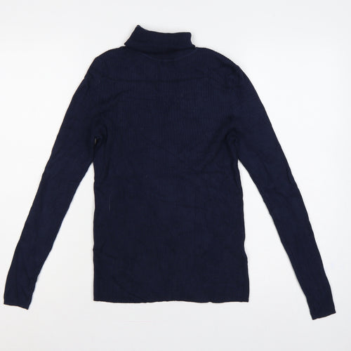 Marks and Spencer Women Blue Size 12 Ribbed Roll Neck Knit Jumper