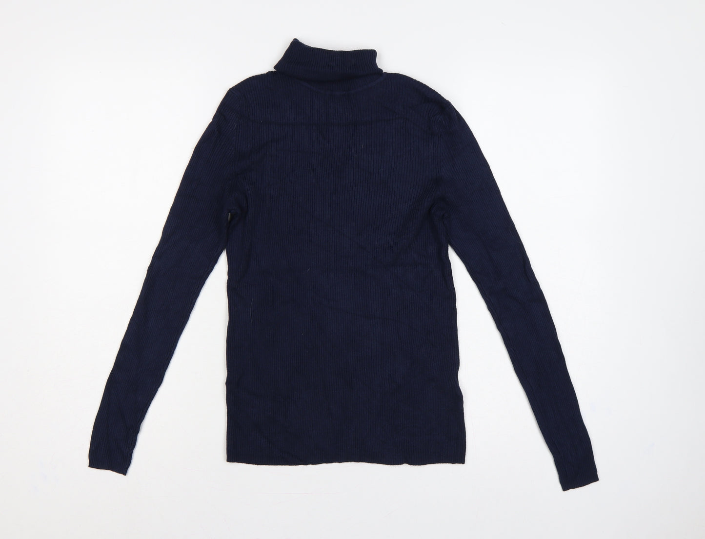 Marks and Spencer Women Blue Size 12 Ribbed Roll Neck Knit Jumper