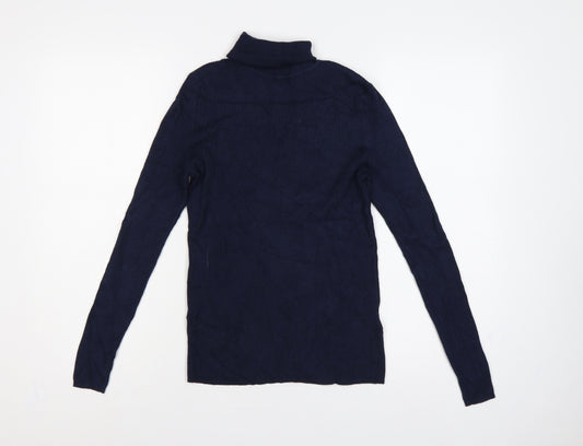 Marks and Spencer Women Blue Size 12 Ribbed Roll Neck Knit Jumper