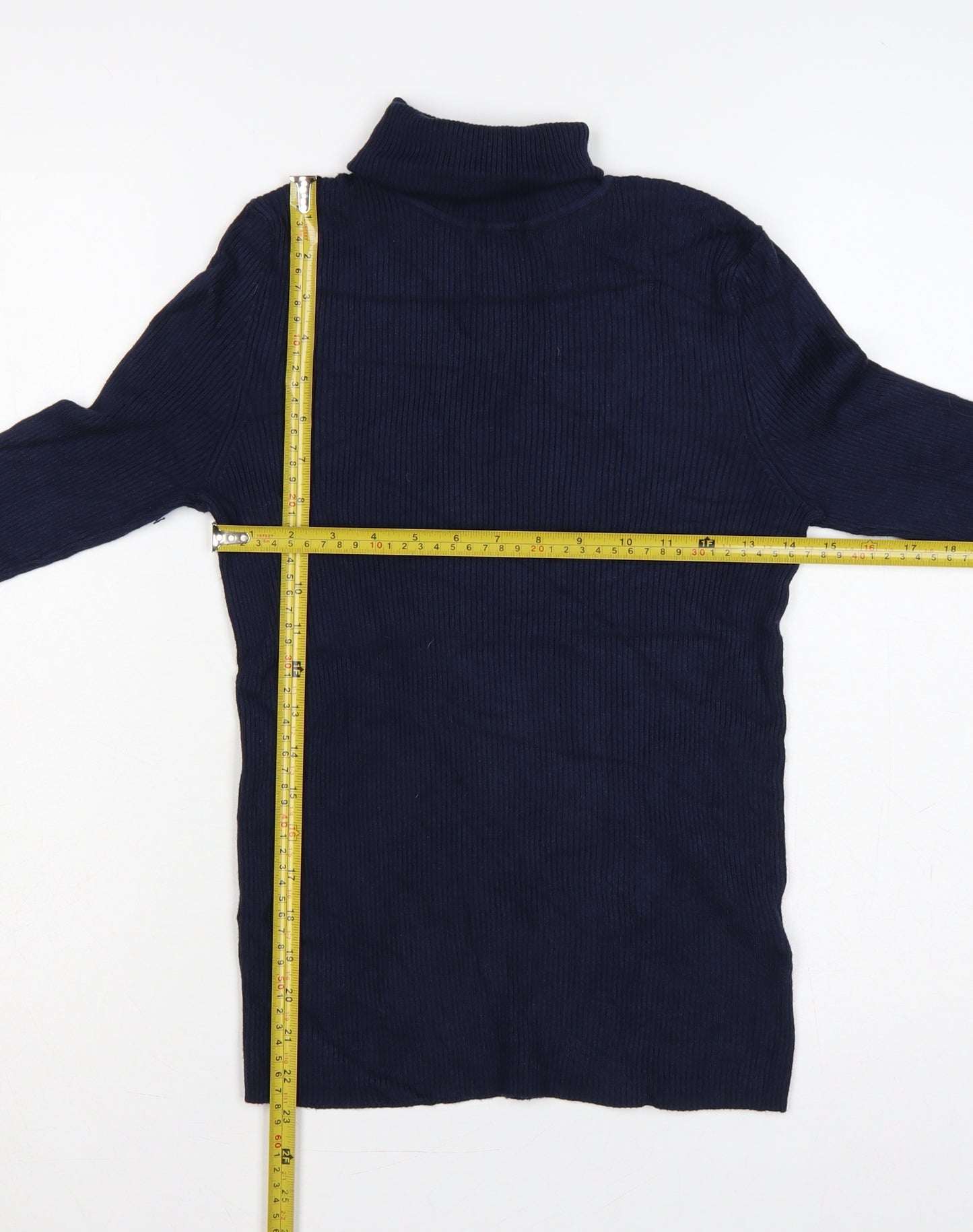 Marks and Spencer Women Blue Size 12 Ribbed Roll Neck Knit Jumper