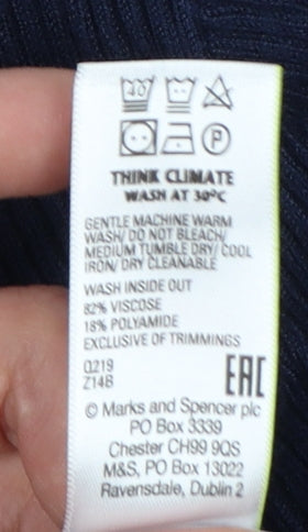 Marks and Spencer Women Blue Size 12 Ribbed Roll Neck Knit Jumper