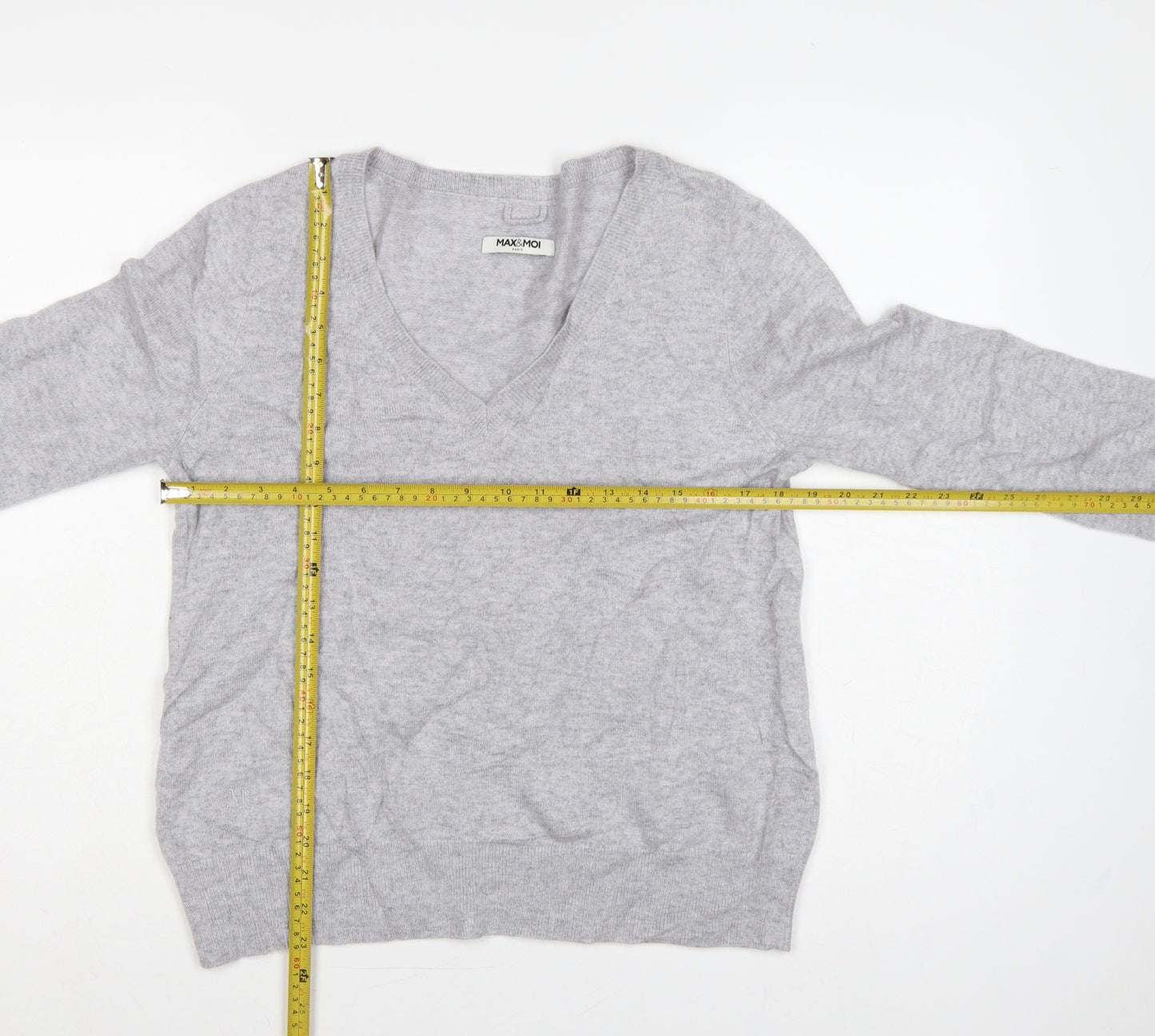 Max & Moi Women Grey M 100% Cashmere V-Neck Fine Knit Jumper