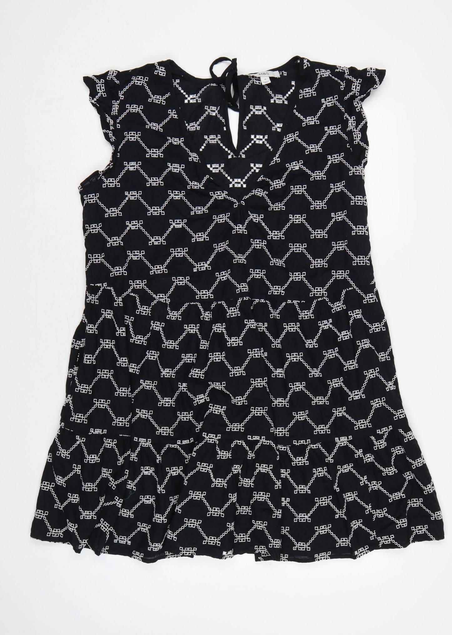 M&S Women Black White Geometric Embroidered Fit & Flare Dress UK 14