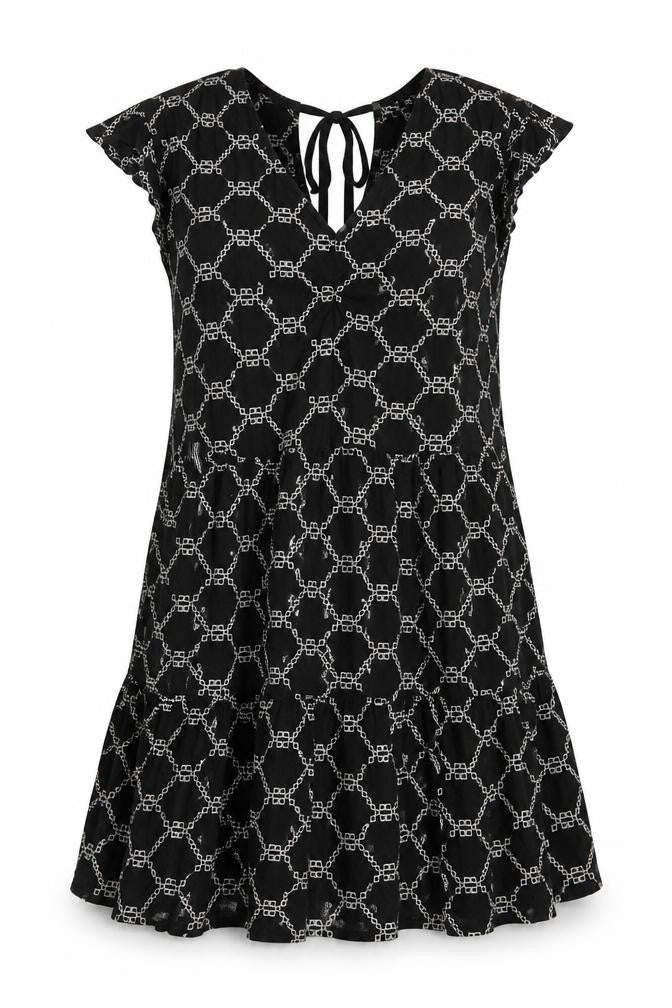 M&S Women Black White Geometric Embroidered Fit & Flare Dress UK 14