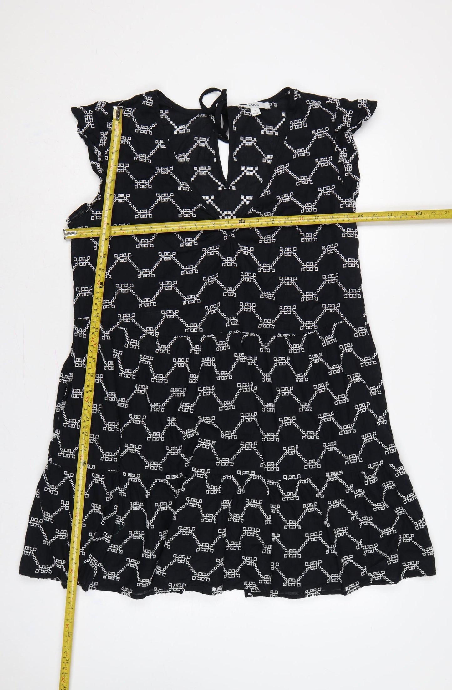 M&S Women Black White Geometric Embroidered Fit & Flare Dress UK 14